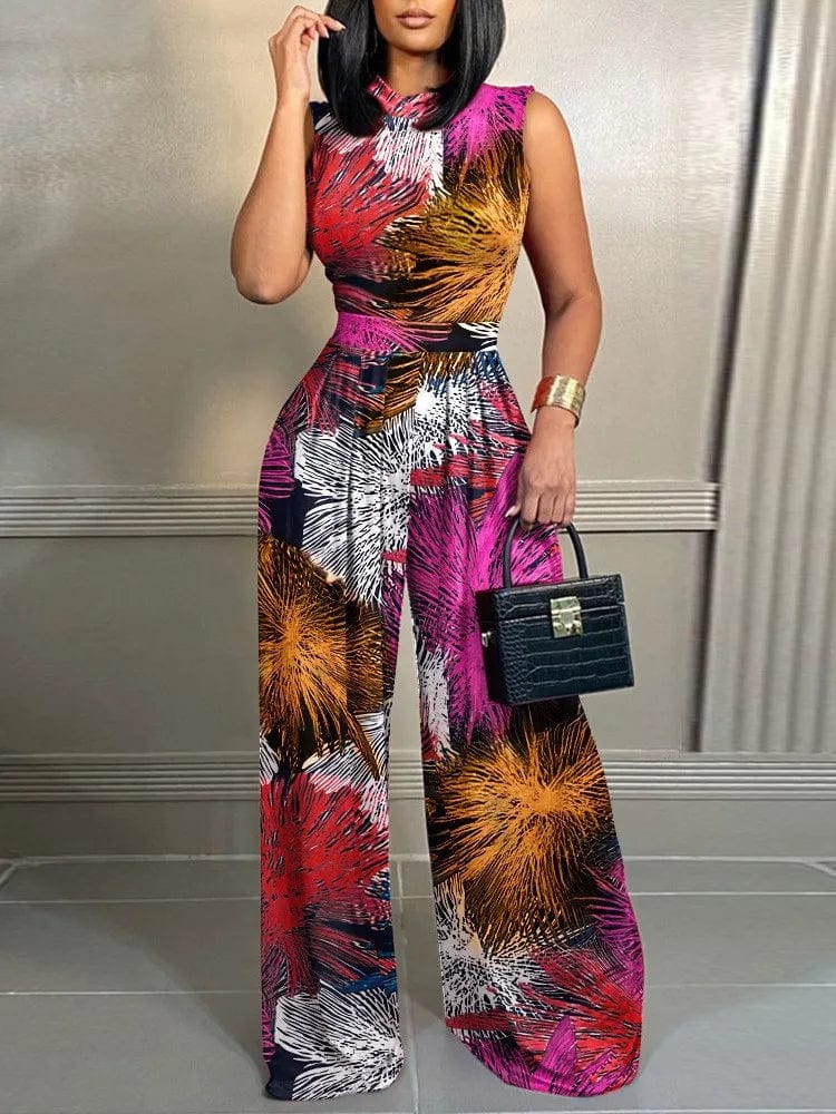 Elegant Women Wide Leg Long Juumpsuit 2024 Spring Summer Fashion Printed Sleeveless Casual Holiday Bodysuits Jumpsuits Trousers - SHOWLU FASHION STORE