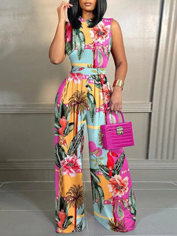 Elegant Women Wide Leg Long Juumpsuit 2024 Spring Summer Fashion Printed Sleeveless Casual Holiday Bodysuits Jumpsuits Trousers - SHOWLU FASHION STORE