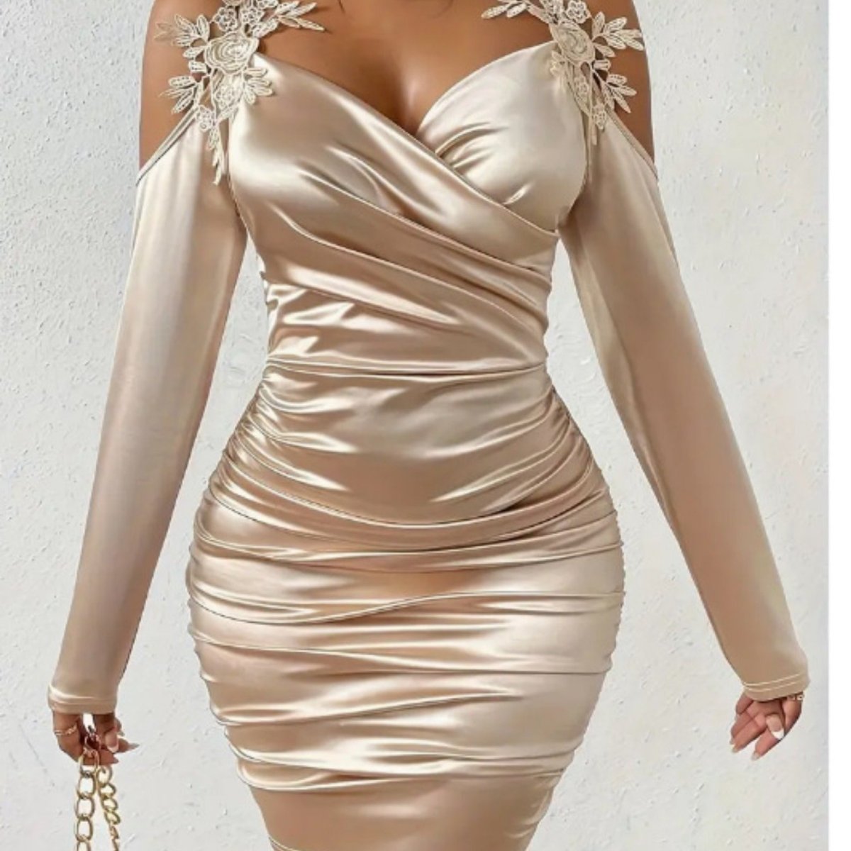 Elegant Women's Black Satin Dress with Exquisite Lace Shoulder Straps - V - Neck, Long Sleeve, Slim Fit Pleated Bodycon Skirt, Machine Washable, Luxurious, Showcasing Women's Graceful Figure - SHOWLU FASHION STORE