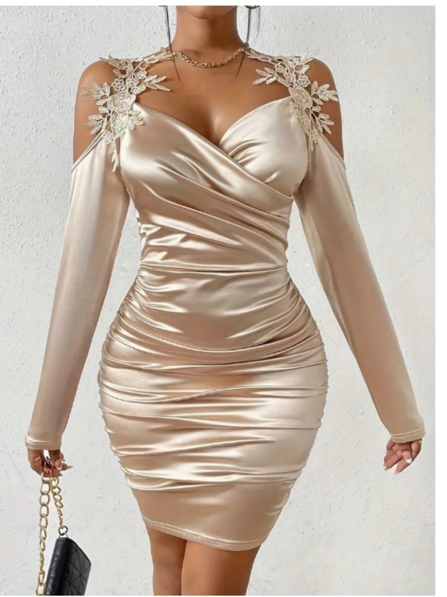 Elegant Women's Black Satin Dress with Exquisite Lace Shoulder Straps - V - Neck, Long Sleeve, Slim Fit Pleated Bodycon Skirt, Machine Washable, Luxurious, Showcasing Women's Graceful Figure - SHOWLU FASHION STORE
