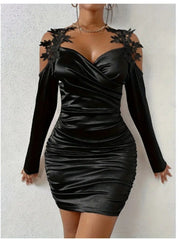 Elegant Women's Black Satin Dress with Exquisite Lace Shoulder Straps - V - Neck, Long Sleeve, Slim Fit Pleated Bodycon Skirt, Machine Washable, Luxurious, Showcasing Women's Graceful Figure - SHOWLU FASHION STORE