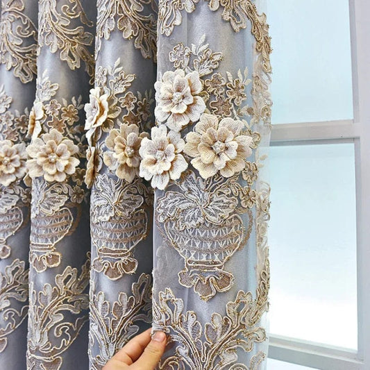 Embroidered Embossed Curtains for Bedroom Living Room CurtainTulle in One Piece Luxury European French Blackout valance - SHOWLU FASHION STORE