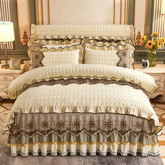 Europe Thick Velvet Quilted Bedding Set Duvet Cover 220x240 Luxury King Queen Bed Linen 2 People Bedspread Lace Ruffles Solid - SHOWLU FASHION STORE