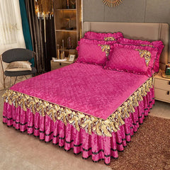 European Luxury Velvet Bedspread King Size for Bed Embossed Quilted Solid Queen Double Bed Cover Soft Bedskirt Set 2 Pillowcases - SHOWLU FASHION STORE