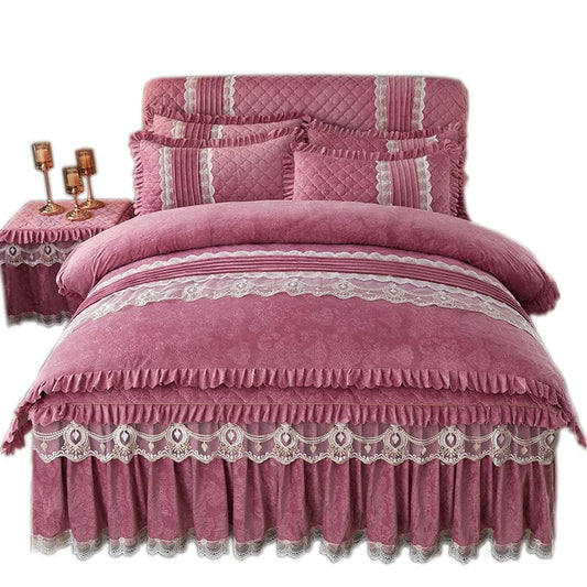 European - Style Warm Velvet Bed Skirt Bedspread Four - Piece Set Pure Color Quilted Thick Lace Double 4 - Piece Set 1.8 M2.0 Winter - SHOWLU FASHION STORE