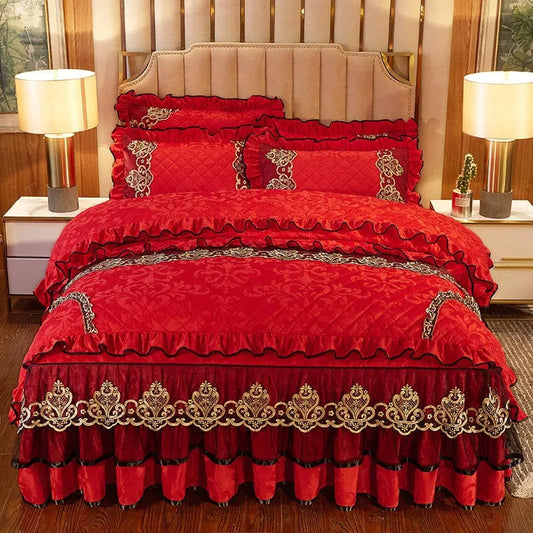 European Velvet Bedding Set, Luxury Comforter Cover, Quilted Lace Bedskirt, Soft Warm Queen with 2 Pillowcases, King Size, 4Pcs - SHOWLU FASHION STORE