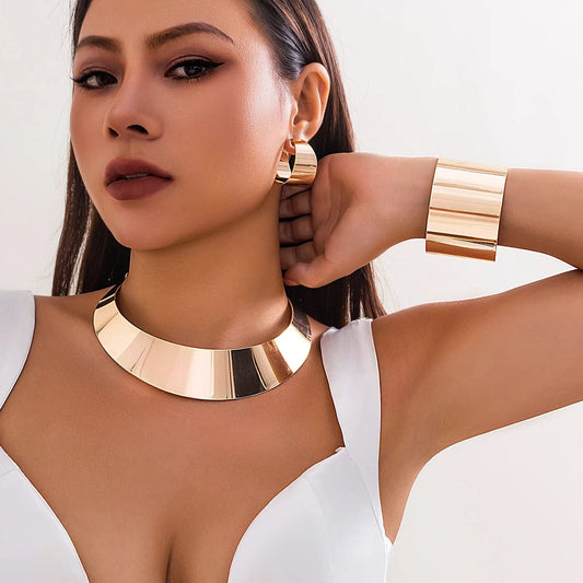 Exaggerated Wide Smooth Surface Metal Necklace/Earrings/Bracelet Set for Women Trendy African Collar Fashion Jewelry Accessories - SHOWLU FASHION STORE