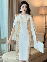 Exquisite Host Banquet Evening Dress Women 2023 Luxury Style Gold Sequins White Slim Robe Femme Party Prom Vestidos Catwalk Gown - SHOWLU FASHION STORE