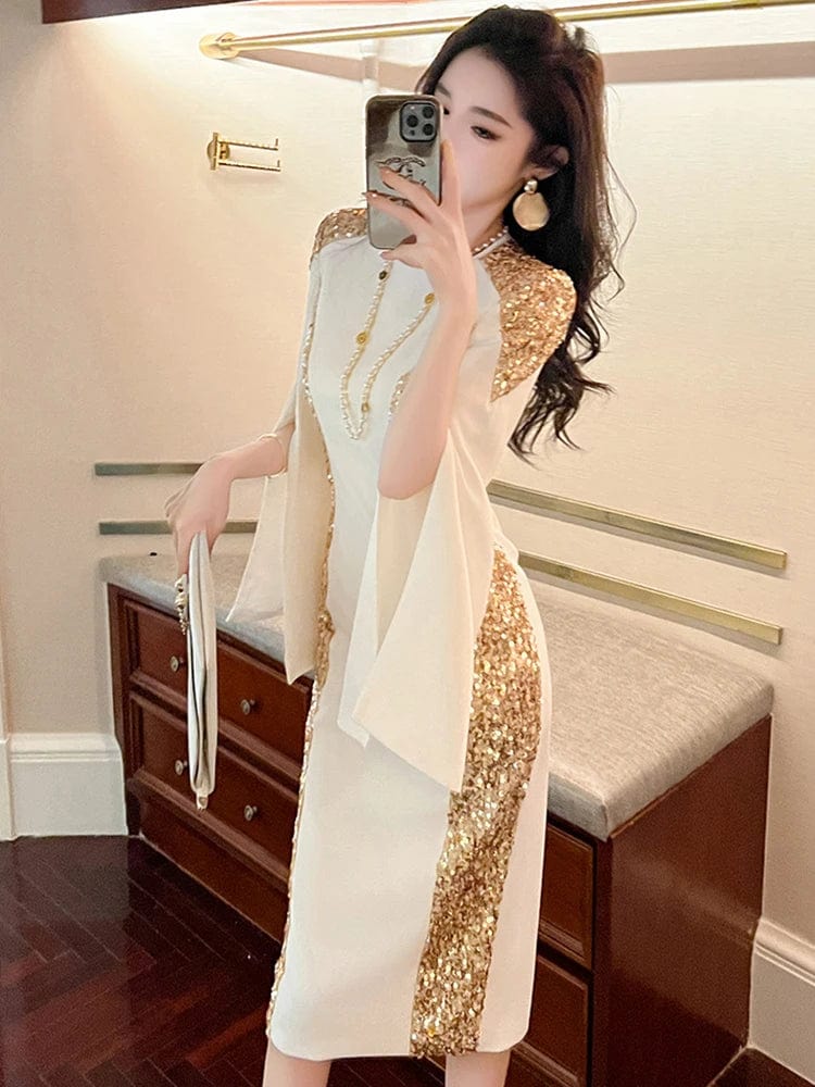 Exquisite Host Banquet Evening Dress Women 2023 Luxury Style Gold Sequins White Slim Robe Femme Party Prom Vestidos Catwalk Gown - SHOWLU FASHION STORE