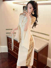 Exquisite Host Banquet Evening Dress Women 2023 Luxury Style Gold Sequins White Slim Robe Femme Party Prom Vestidos Catwalk Gown - SHOWLU FASHION STORE