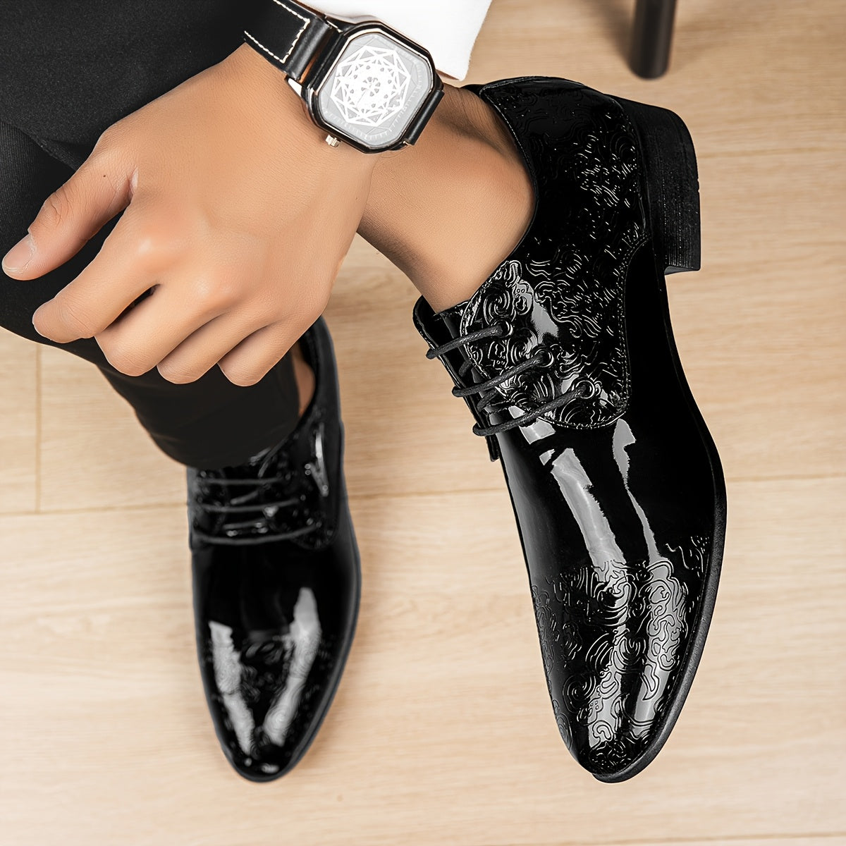 Men's Classic Oxford Dress Shoes, Pointed Toe Lace-Up Low Top, Geometric Striped Pattern, Microfiber Synthetic Upper, Rubber Sole, for Wedding Party Business - All-Season Fashion Minimalist Style, Wedding Footwear | Minimalis SHOWLU FASHION STORE