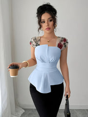 Women's Elegant Sleeveless Square Neck Blouse with Asymmetrical Hem & Floral Print - Summer Lightweight Machine-Washable Top for Casual Formal Outfits, Versatile Fashion, Twisted Waist Design, Smooth Fabric Texture, Office We