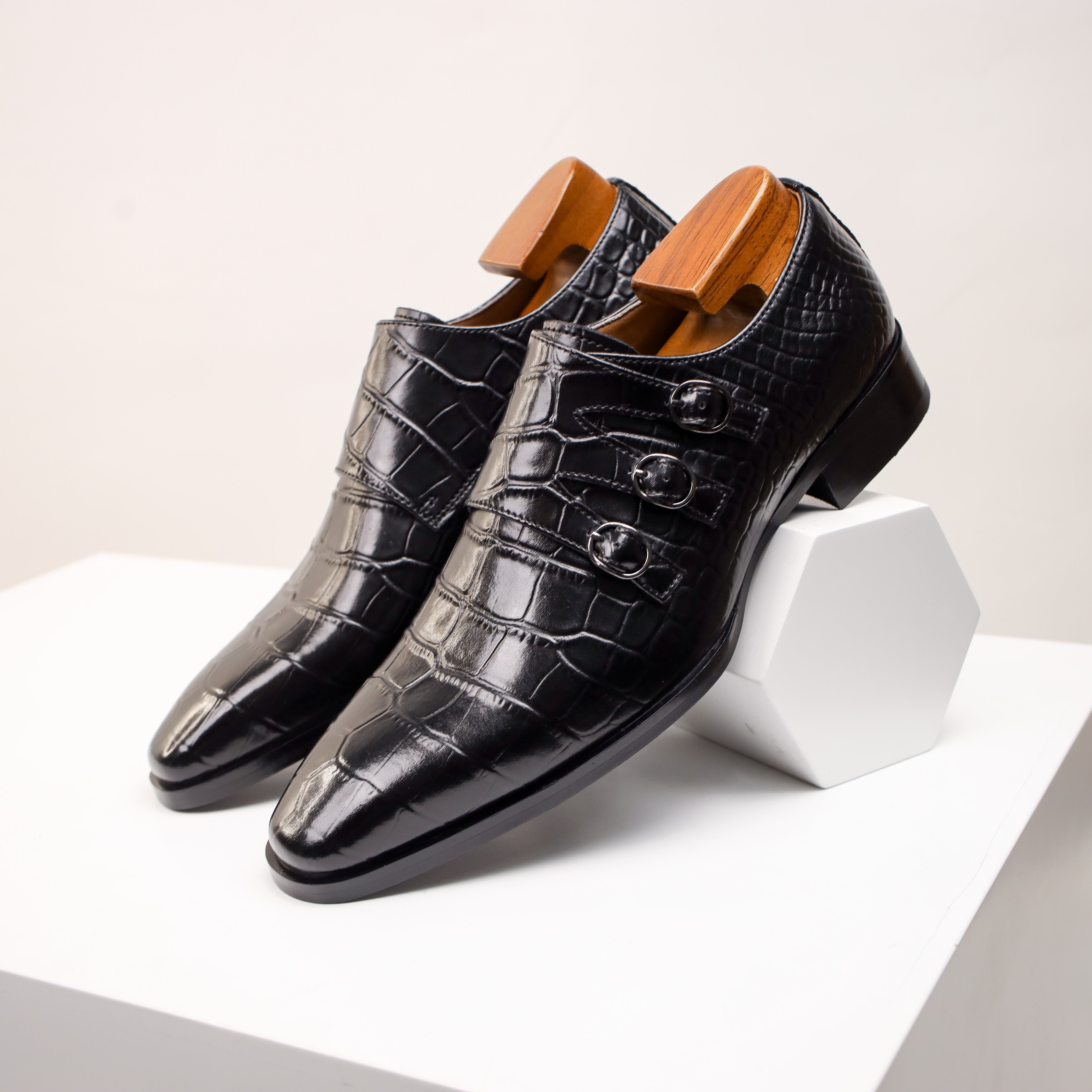 Men's Genuine Faux Leather Monk Strap Oxfords - Casual Fashion Business Shoes with Solid Color, Square Toe, All-Season Low Top Slip-On for Daily, Party & Wedding - Split Cow Faux Leather Upper, Synthetic Inner, Rubber Sole SHOWLU FASHION STORE