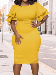 [Elegant Pencil Dress] Elegant Women Midi Pencil Dress | Ruffle Sleeve Round Neck Bodycon Party Formal Dress
