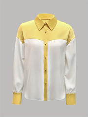 Women'S Color Block Long Sleeve Blouse with Lapel Collar and Button Front - Stylish Casual Patchwork Shirt for Casual Attire, Yellow and White, Polyester Fabric, Long Sleeve Blouse