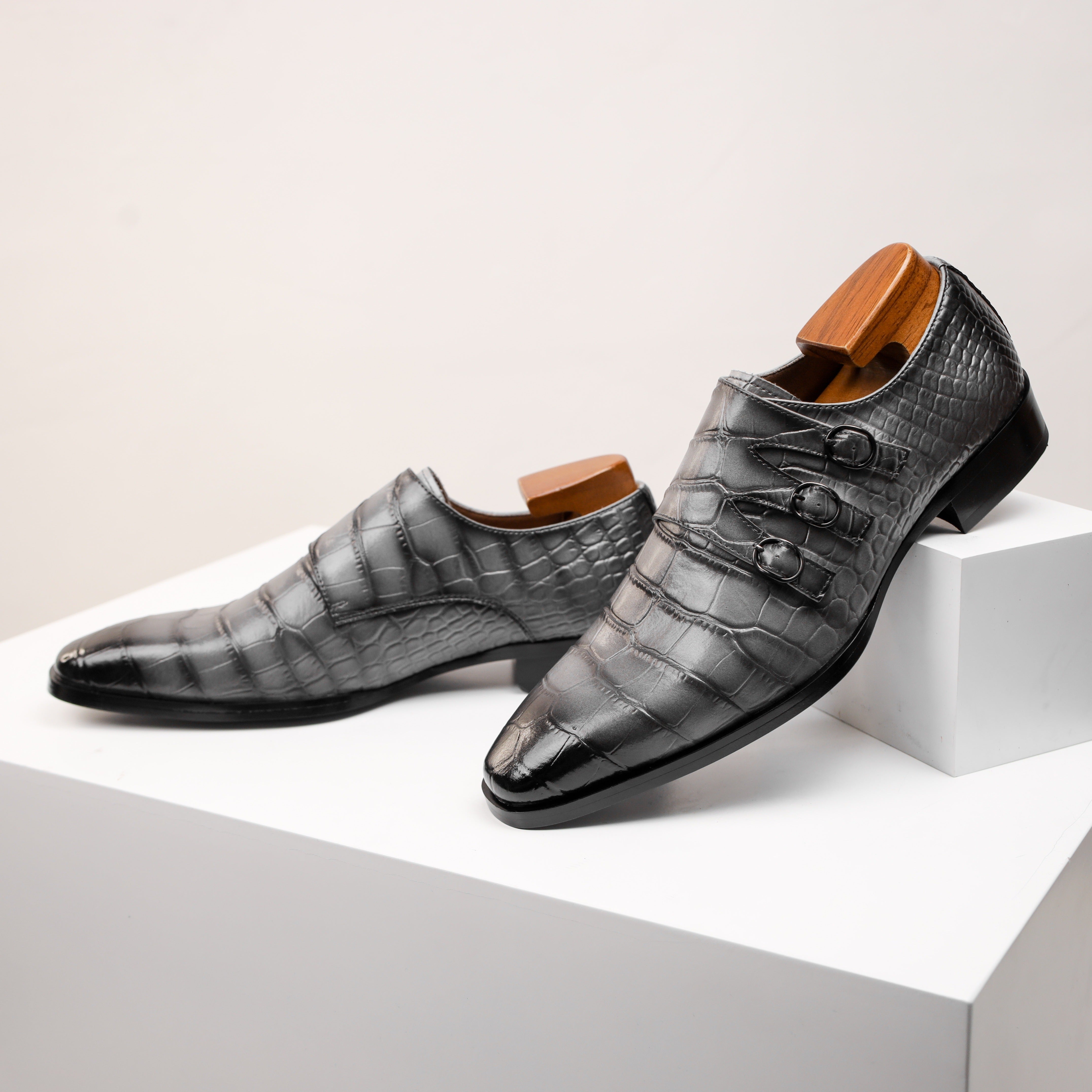 Men's Genuine Faux Leather Monk Strap Oxfords - Casual Fashion Business Shoes with Solid Color, Square Toe, All-Season Low Top Slip-On for Daily, Party & Wedding - Split Cow Faux Leather Upper, Synthetic Inner, Rubber Sole SHOWLU FASHION STORE