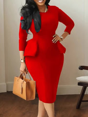 New Women's Solid Color Round Neck Ruffled Edge Round Hip OL Professional Dress