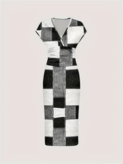 Ladies Elegant Plaid Print Slim-fit V-neck Dress, Suitable For Spring And Summer Daily Leisure, Women'S Wear