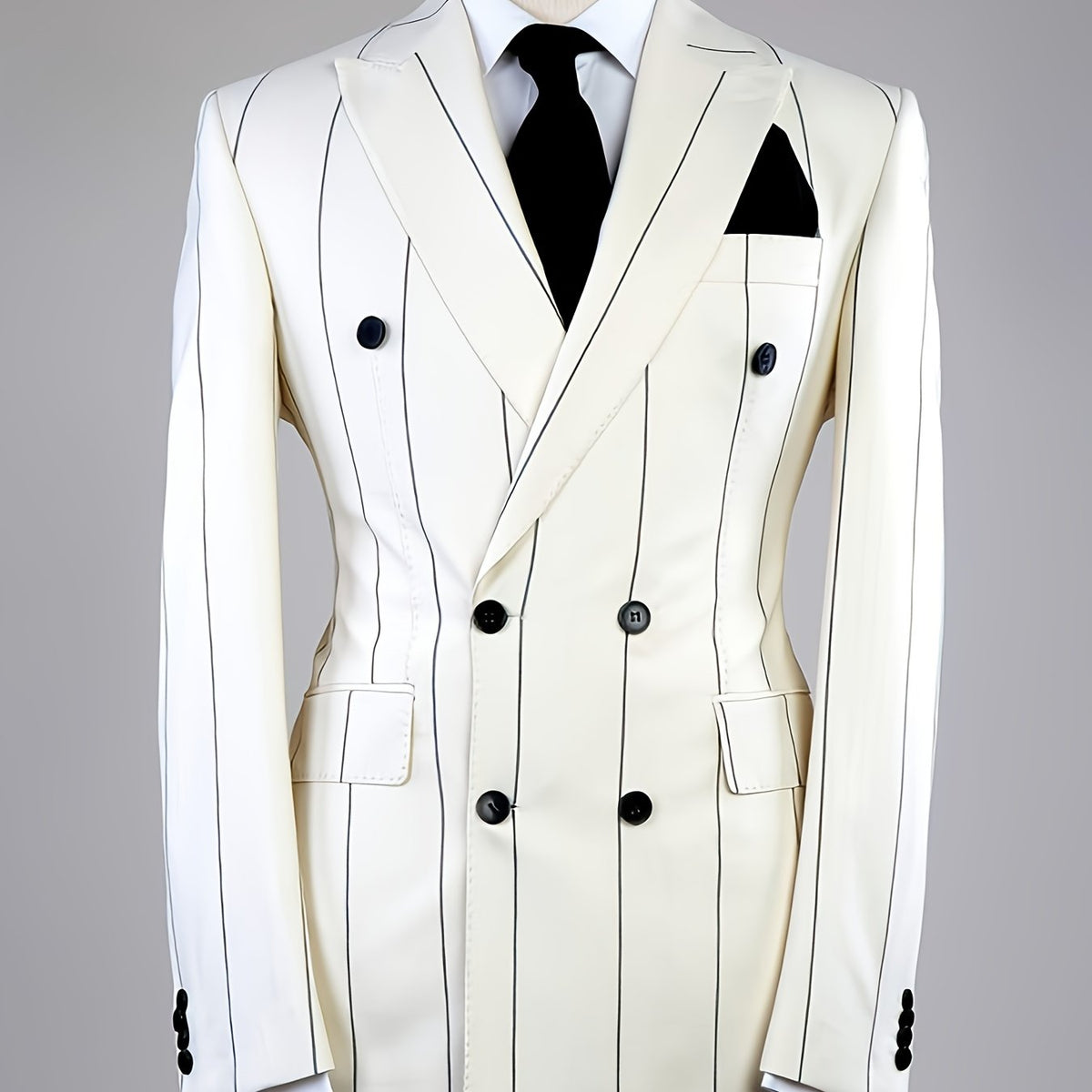 Elegant Men's Vertical Stripe Double-Breasted Notched Lapel Suit Jacket - & Black Stripes, Machine Washable, Regular Fit for Spring Summer Fall, Formal & Casual Occasions, Sophisticated Tailoring, Office Wear, Classic Style,