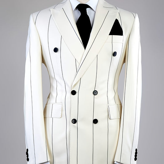 Elegant Men's Vertical Stripe Double-Breasted Notched Lapel Suit Jacket - & Black Stripes, Machine Washable, Regular Fit for Spring Summer Fall, Formal & Casual Occasions, Sophisticated Tailoring, Office Wear, Classic Style,