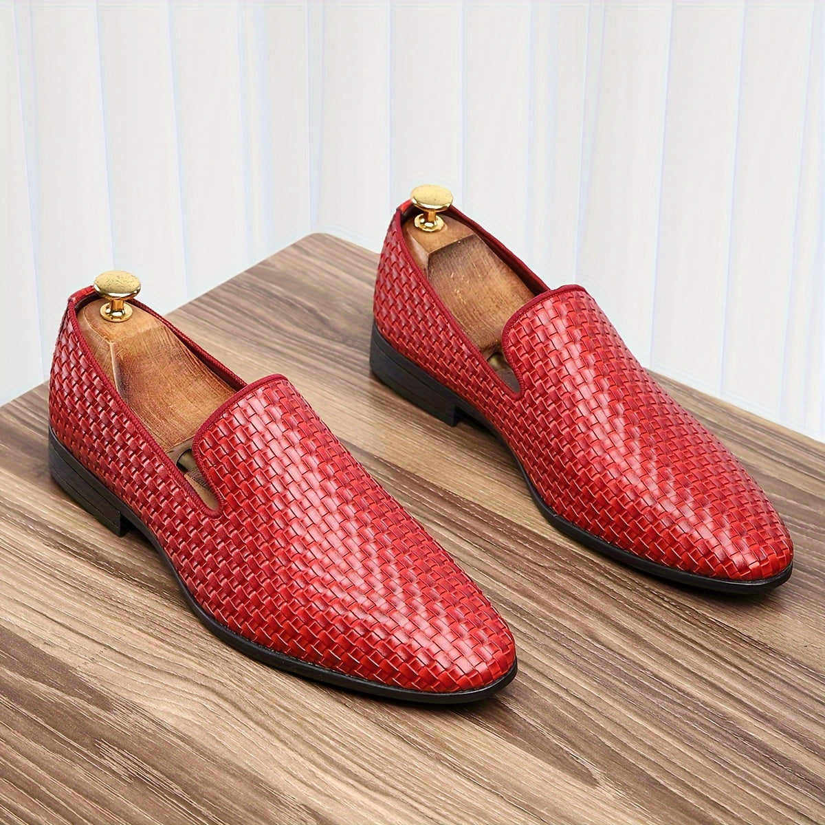 Men's Black & Golden Slip-On Loafers - Woven PU Upper, Rubber Sole, Comfortable Driving Shoes for Casual or Business Wear SHOWLU FASHION STORE