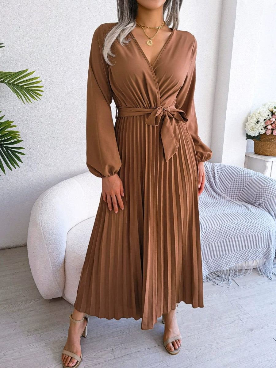 Fashion Elegant Cross V - neck Swing Pleated Maxi Dress Women Women Elegant V - neck Dress - SHOWLU FASHION STORE