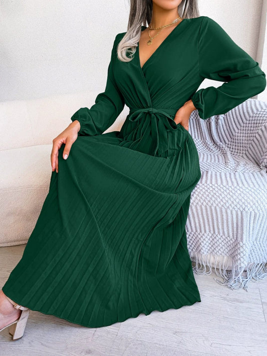 Fashion Elegant Cross V - neck Swing Pleated Maxi Dress Women Women Elegant V - neck Dress - SHOWLU FASHION STORE