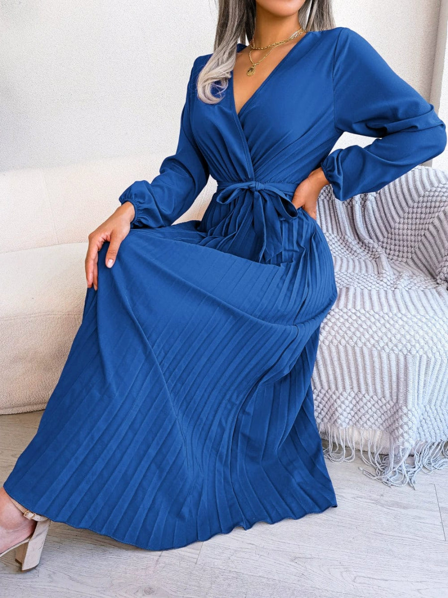 Fashion Elegant Cross V - neck Swing Pleated Maxi Dress Women Women Elegant V - neck Dress - SHOWLU FASHION STORE