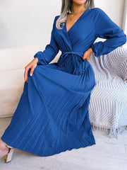 Fashion Elegant Cross V - neck Swing Pleated Maxi Dress Women Women Elegant V - neck Dress - SHOWLU FASHION STORE