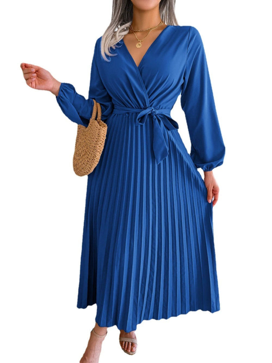 Fashion Elegant Cross V - neck Swing Pleated Maxi Dress Women Women Elegant V - neck Dress - SHOWLU FASHION STORE