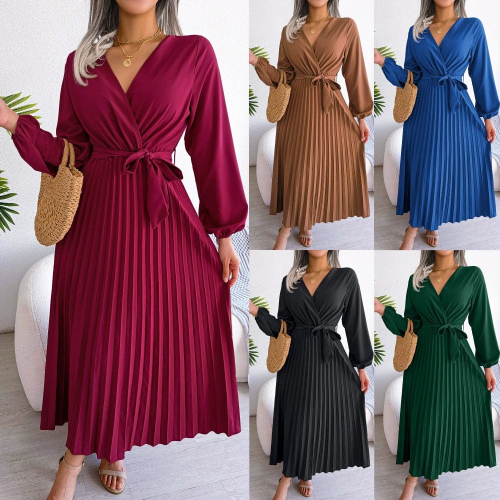 Fashion Elegant Cross V - neck Swing Pleated Maxi Dress Women Women Elegant V - neck Dress - SHOWLU FASHION STORE