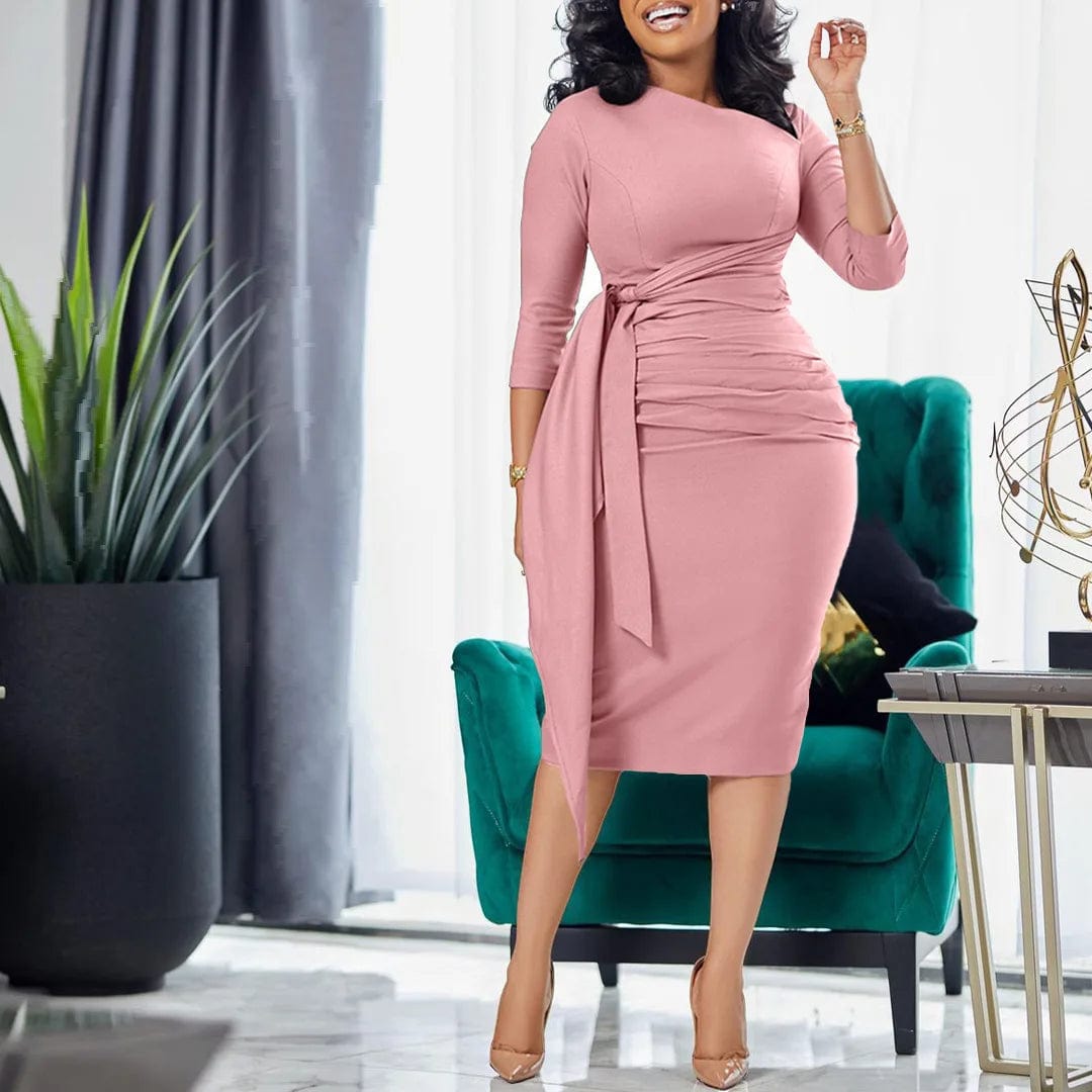 Fashion Elegant Solid Color Lace - Up Party Dresses for Women Half Sleeve Office Ladies OL Bodycon Slim Midi Bandage Dress Vestido - SHOWLU FASHION STORE