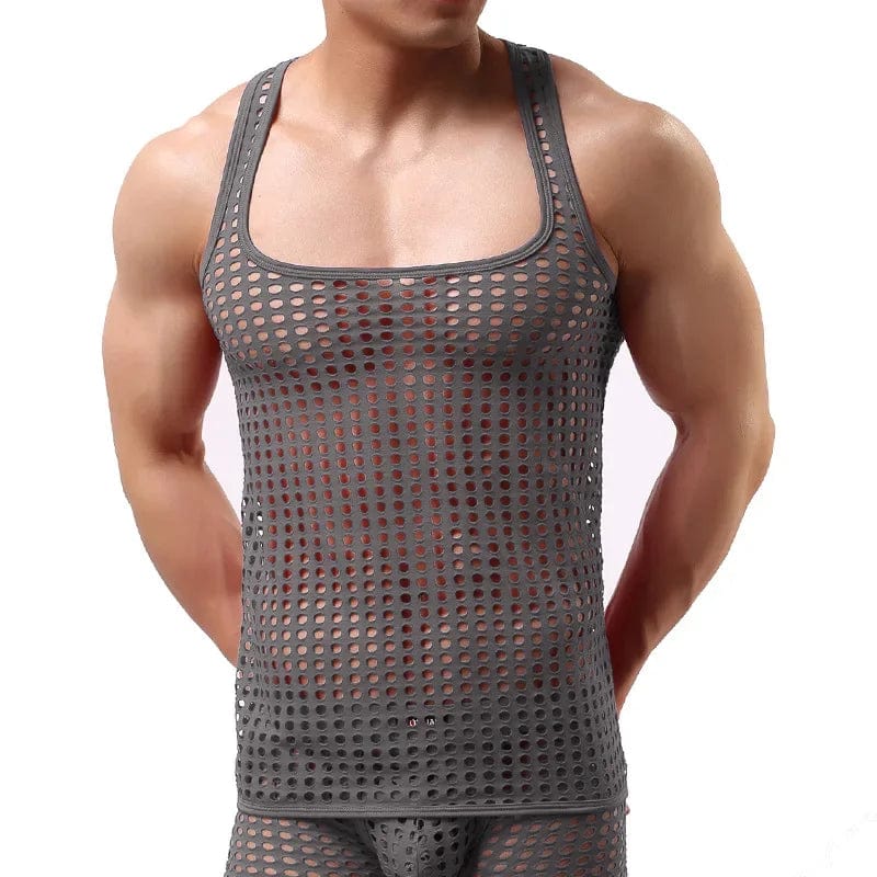 Fashion Men Mesh Tank Tops Hollow Out O Neck Sleeveless Party Vests See Through Sexy Tops Men Clothing - SHOWLU FASHION STORE