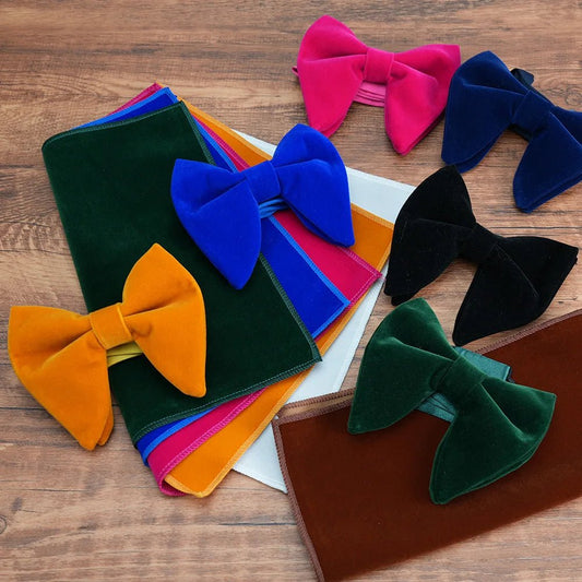 Fashion Men's Oversized Bow Ties Velvet Black Pocket Square Red Navy White Bowknot Tuxedo Accessories Green Handkerchief Cravat - SHOWLU FASHION STORE
