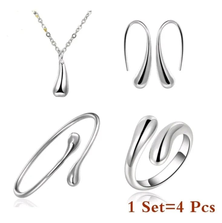 Fashion S925 Silver Needle Earrings Ring Bracelet Set Simple Personality Womens Water Drop Four - piece Jewelry Set for Women Gift - SHOWLU FASHION STORE