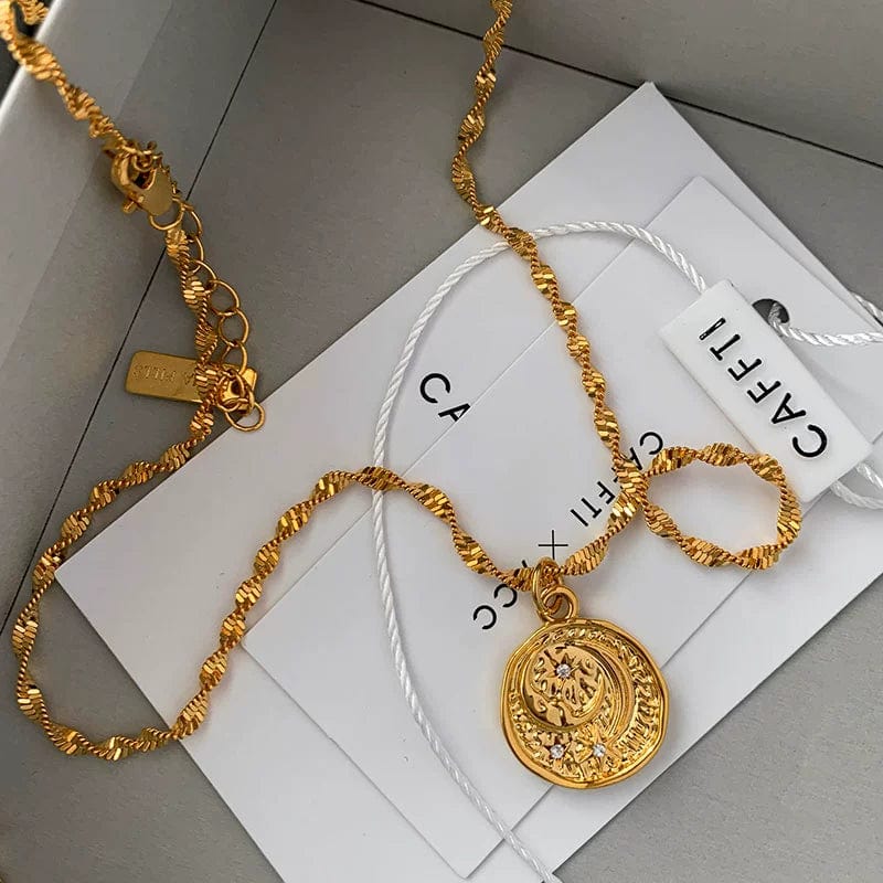 Fashion Turquoise Star Moon Necklace Women's Light Luxury Minority Vintage Gold Coin Non - Fading Pendant Twin Clavicle Necklace - SHOWLU FASHION STORE