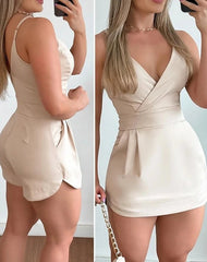 Fashion Women Jumpsuit Elegant Plunge V - Neck Spaghetti Strap Sleeveless Ruched High Waist Pocket Design Above Knee Skorts Romper - SHOWLU FASHION STORE