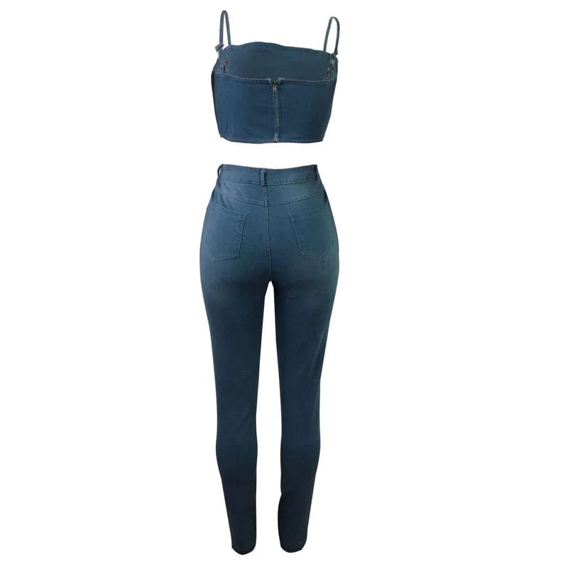 Fashion Women's Jeans Set Sexy Off Shoulder Strap Camisole Tops and High Waist Skinny Jean,Cartoon Sticker Jeans Casual Set - SHOWLU FASHION STORE