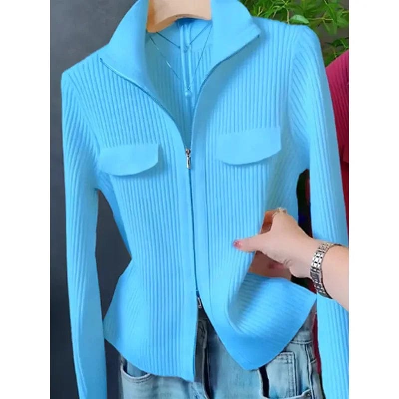 Fashion Zipper Short Knitted Cardigan Sweater 2025 Spring Autumn New Korean Versatile Coat Top Turn - Down Col Sweater Solid Color - SHOWLU FASHION STORE