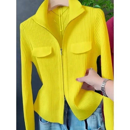 Fashion Zipper Short Knitted Cardigan Sweater 2025 Spring Autumn New Korean Versatile Coat Top Turn - Down Col Sweater Solid Color - SHOWLU FASHION STORE