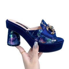 Fashionable Top Italian Designers 2023 Luxury Elegant Bright Rhinestone Round Toe Prints Summer Party Women's High Heels Shoes - SHOWLU FASHION STORE