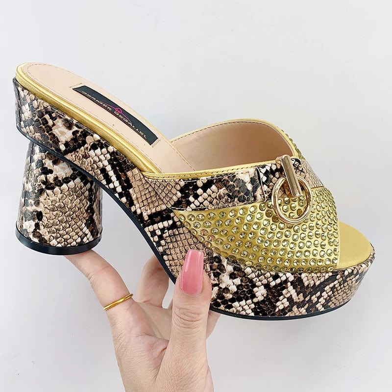 Fashionable Top Italian Designers 2023 Luxury Round Toe Bright Diamond Snake Print Summer Women's Shoes With High Heels - SHOWLU FASHION STORE