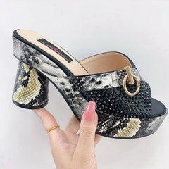 Fashionable Top Italian Designers 2023 Luxury Round Toe Bright Diamond Snake Print Summer Women's Shoes With High Heels - SHOWLU FASHION STORE