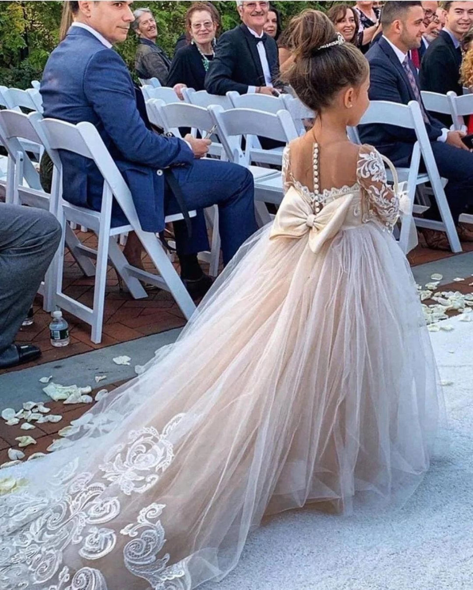 FATAPAESE 2 - 14 Years Lace Tulle Flower Girls Dress Princess for Kid Child Wedding Party Juniorbridesmaid Maxi Ball Gown Evening - SHOWLU FASHION STORE