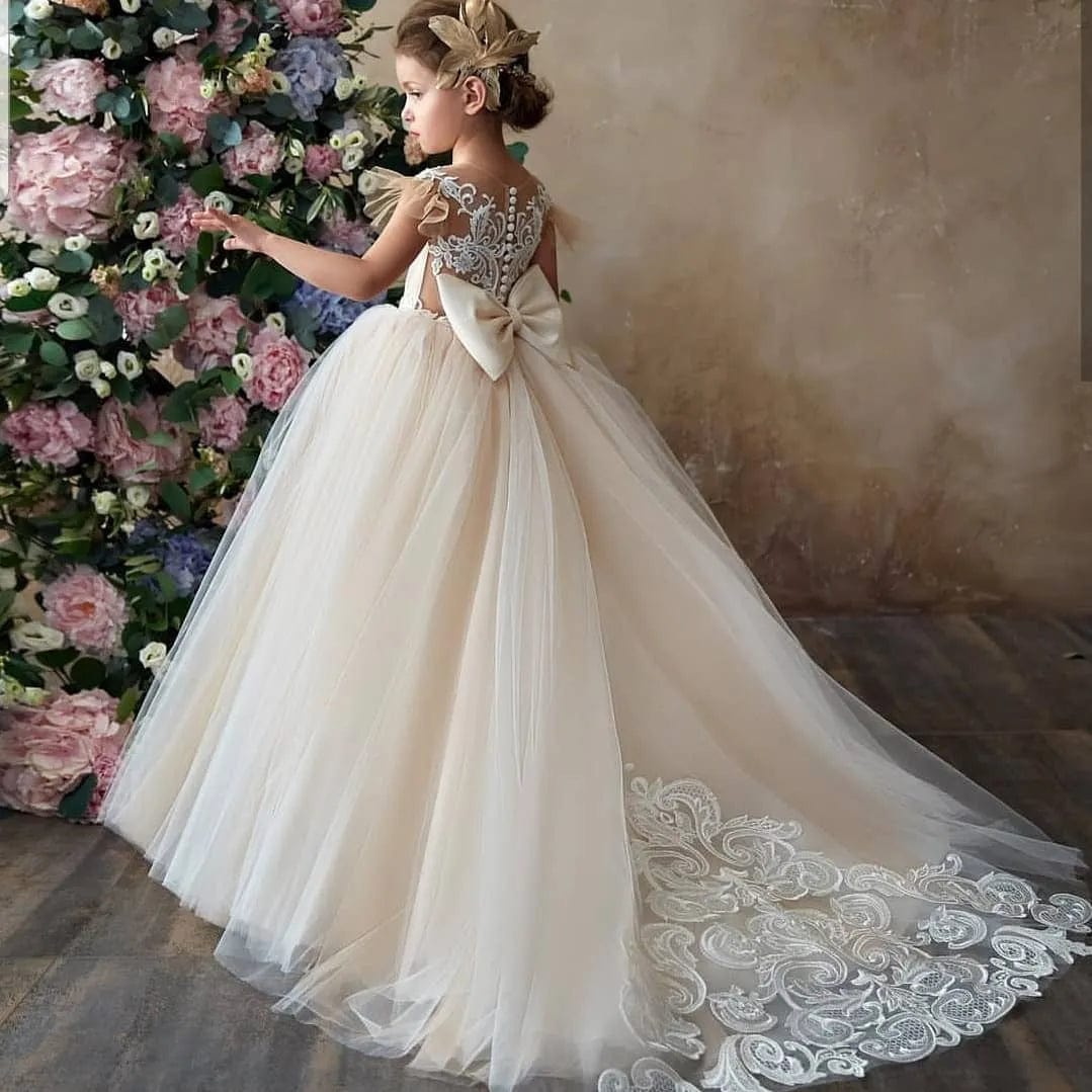 FATAPAESE 2 - 14 Years Lace Tulle Flower Girls Dress Princess for Kid Child Wedding Party Juniorbridesmaid Maxi Ball Gown Evening - SHOWLU FASHION STORE