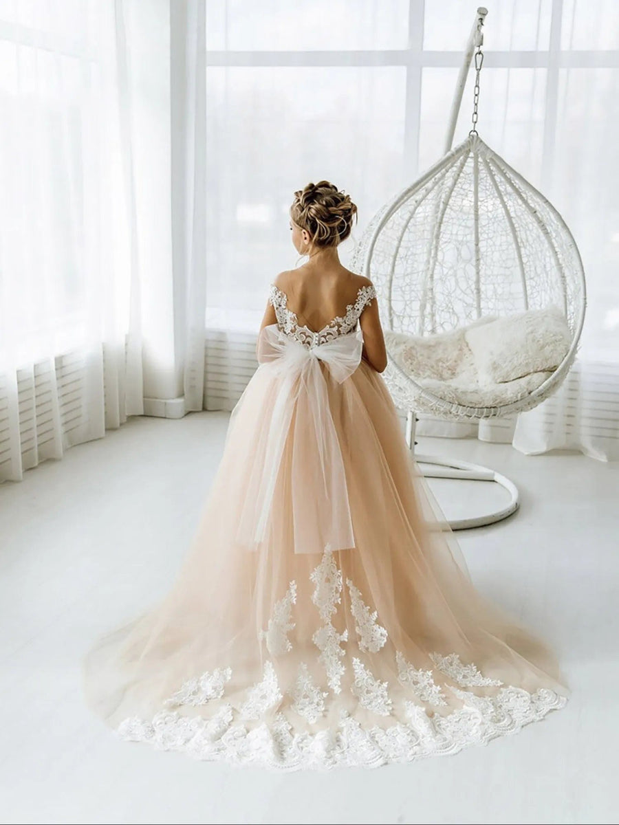 FATAPAESE 2 - 14 Years Lace Tulle Flower Girls Dress Princess for Kid Child Wedding Party Juniorbridesmaid Maxi Ball Gown Evening - SHOWLU FASHION STORE