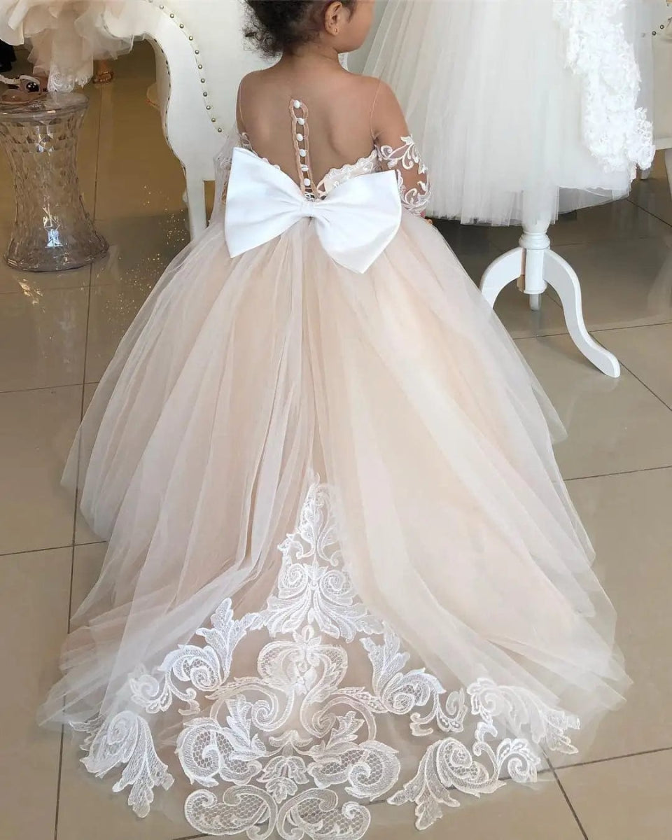 FATAPAESE 2 - 14 Years Lace Tulle Flower Girls Dress Princess for Kid Child Wedding Party Juniorbridesmaid Maxi Ball Gown Evening - SHOWLU FASHION STORE
