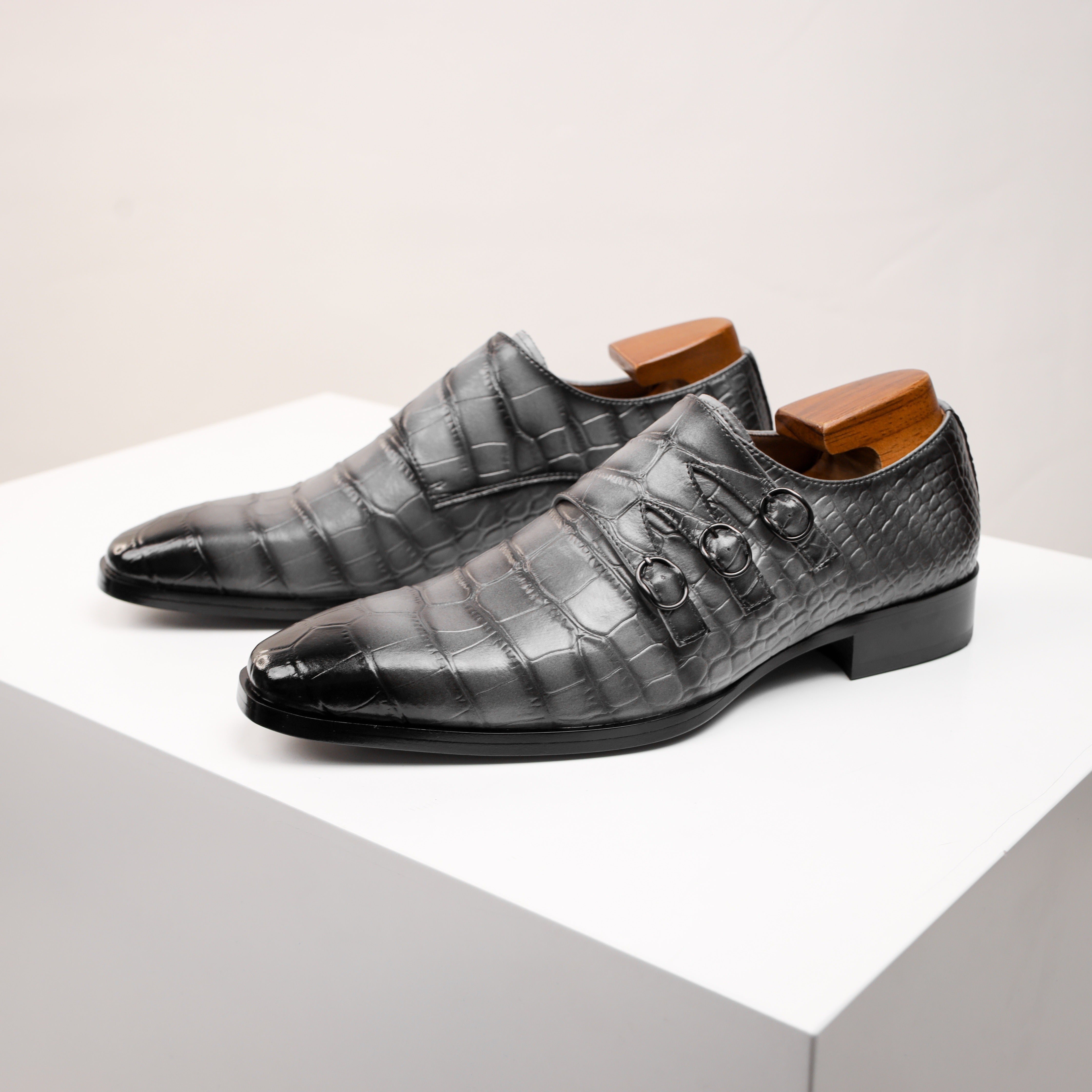Men's Genuine Faux Leather Monk Strap Oxfords - Casual Fashion Business Shoes with Solid Color, Square Toe, All-Season Low Top Slip-On for Daily, Party & Wedding - Split Cow Faux Leather Upper, Synthetic Inner, Rubber Sole SHOWLU FASHION STORE