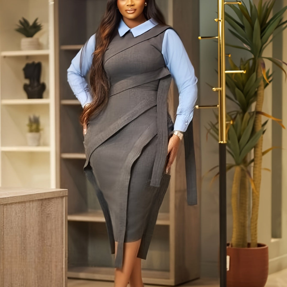 Waist Pleat Tie-Strap Straight Shirt Dress
