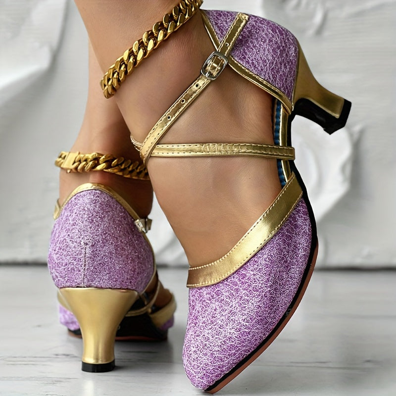 Women's Glitter D'Orsay Latin Dance Shoes, Crisscross Buckle Strap Chunky Mid Heels, All-Match Dress Dance Pumps SHOWLU FASHION STORE